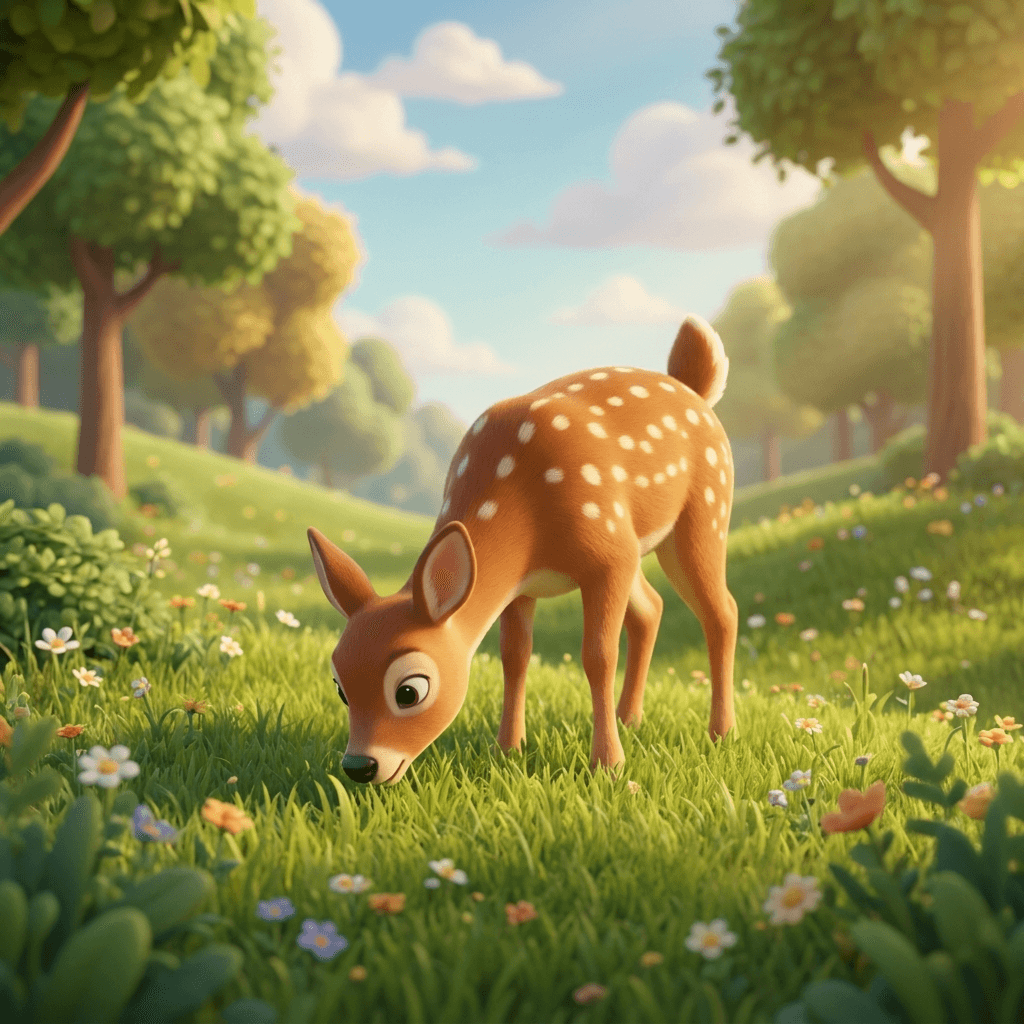 A fawn grazing in a meadow