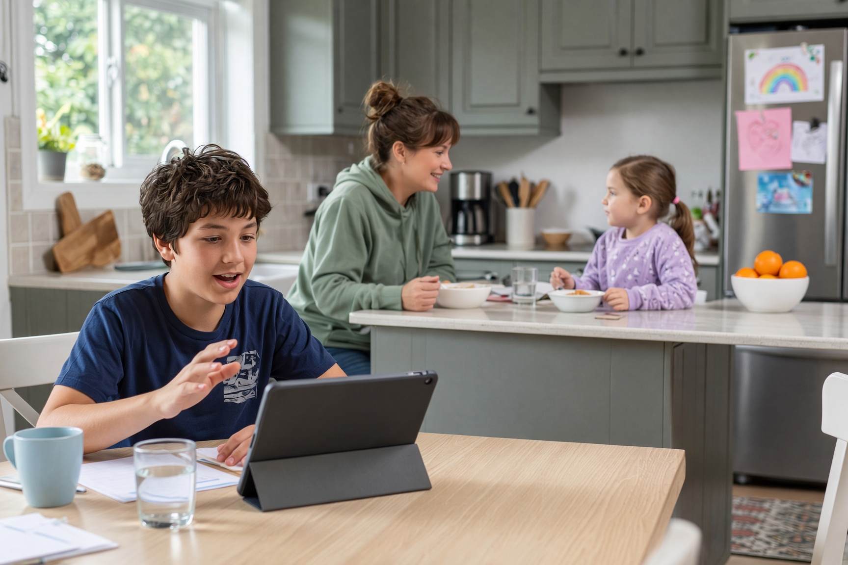 A homeschool-age child talks through a problem at the kitchen table while a parent sits nearby with a younger child. The parent is in the room, not tutoring.