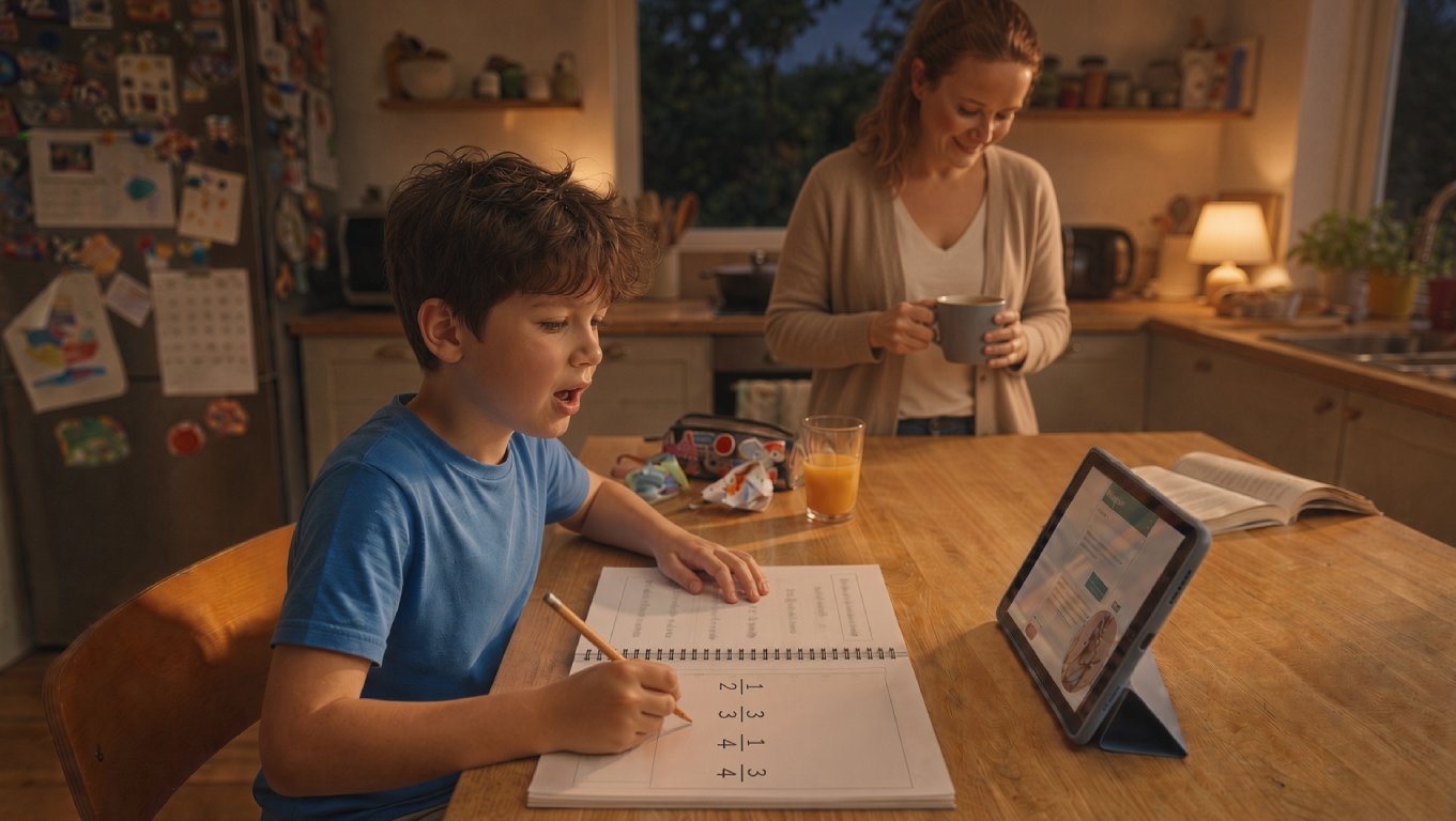 A boy talks through a math worksheet toward a tablet at the kitchen table while his mom stands back with a mug